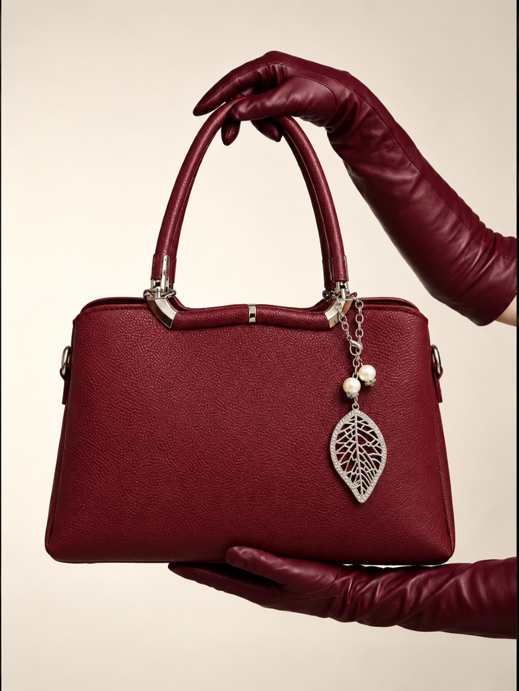 Gia Sling burgundy front view with structured PU leather body, silver-tone hardware and decorative pearl leaf charm