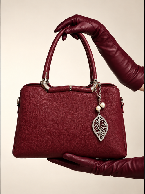 Gia Sling burgundy front view with structured PU leather body, silver-tone hardware and decorative pearl leaf charm | variant:Red