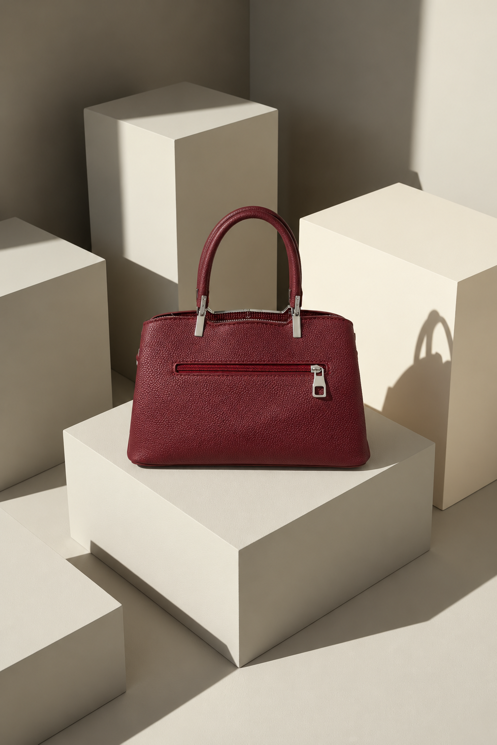 Gia Sling back view in burgundy with exterior zipper pocket, textured PU leather and silver-tone hardware on a minimalist studio pedestal