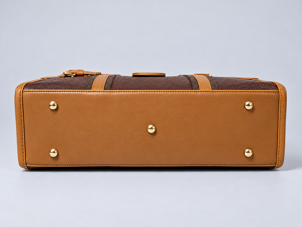 Modern Work Tote bottom view in red wine with tan leather base, five gold-tone protective metal feet and structured rectangular design