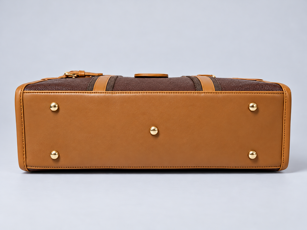 Modern Work Tote bottom view in red wine with tan leather base, five gold-tone protective metal feet and structured rectangular design