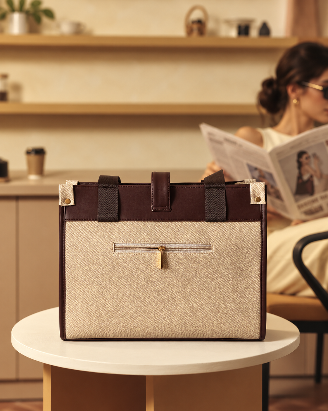 Hazel Tote Bag in Coffee - back view with zipper pocket