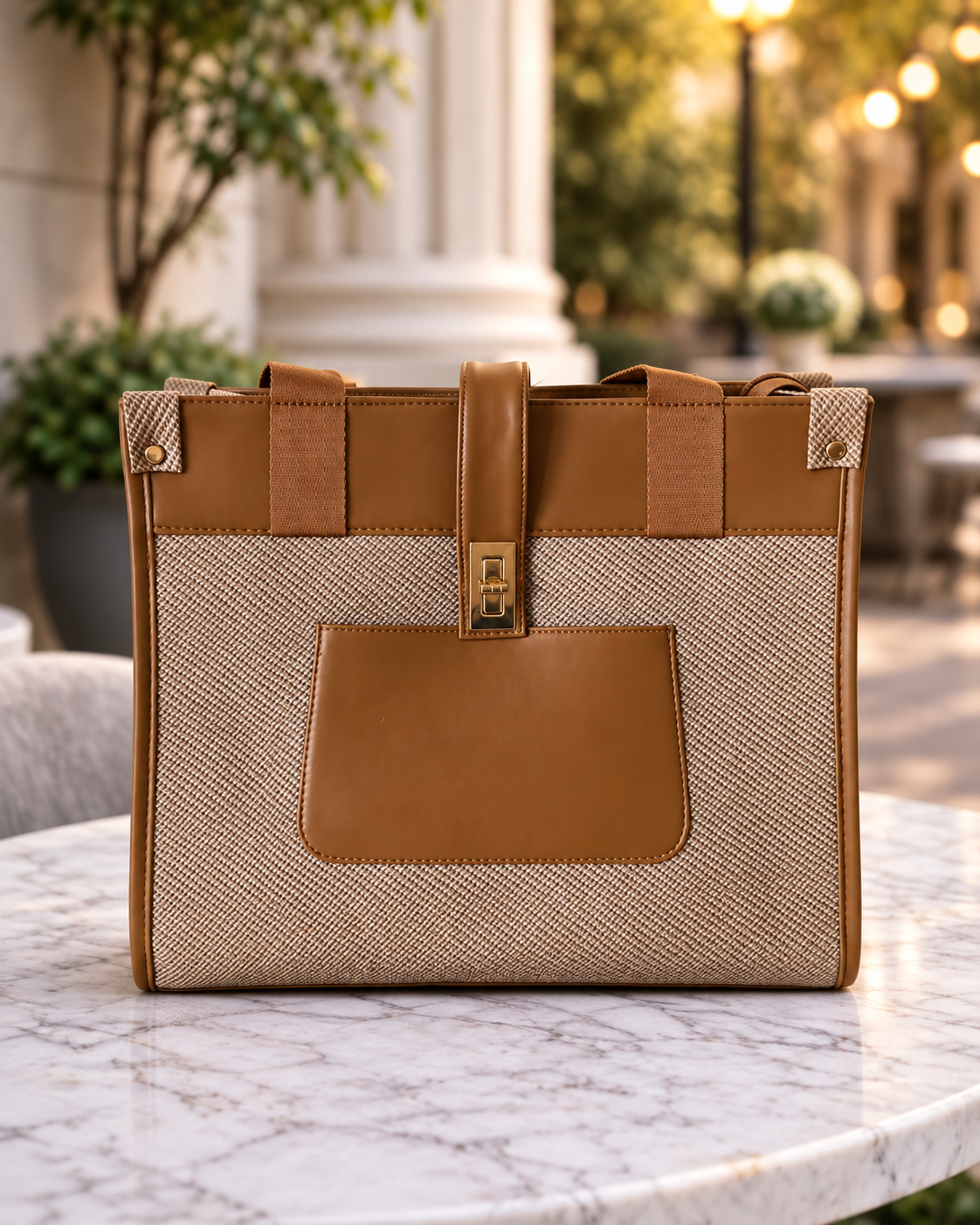 Hazel Tote Bag in Tan - front view with exterior pocket and gold clasp