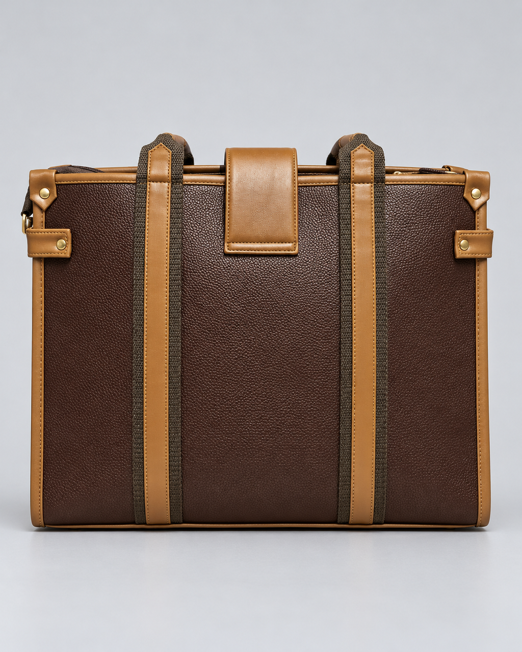 Modern Work Tote back view in red wine with tan leather trim, dual vertical straps, textured body and gold-tone side hardware
