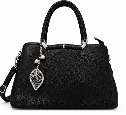 Gia Sling black front view with silver leaf charm, pearl accents, dual handles and detachable shoulder strap | variant:black