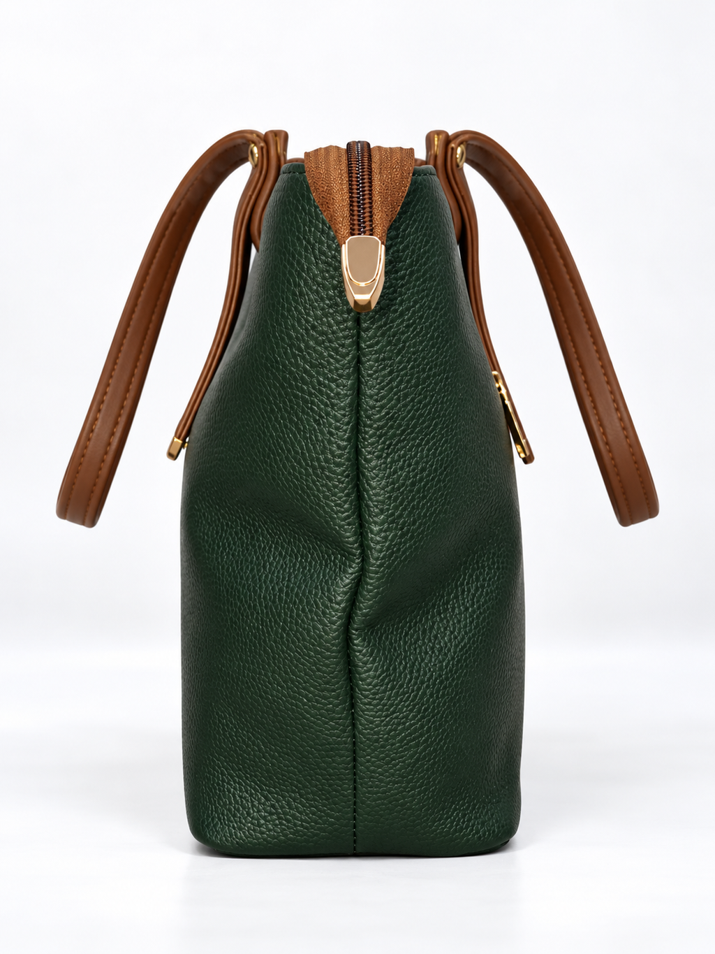 Modern Hola Shoulder Bag side profile in forest green with pebbled PU leather texture, brown fixed shoulder handles, zipper closure and gold-tone hardware