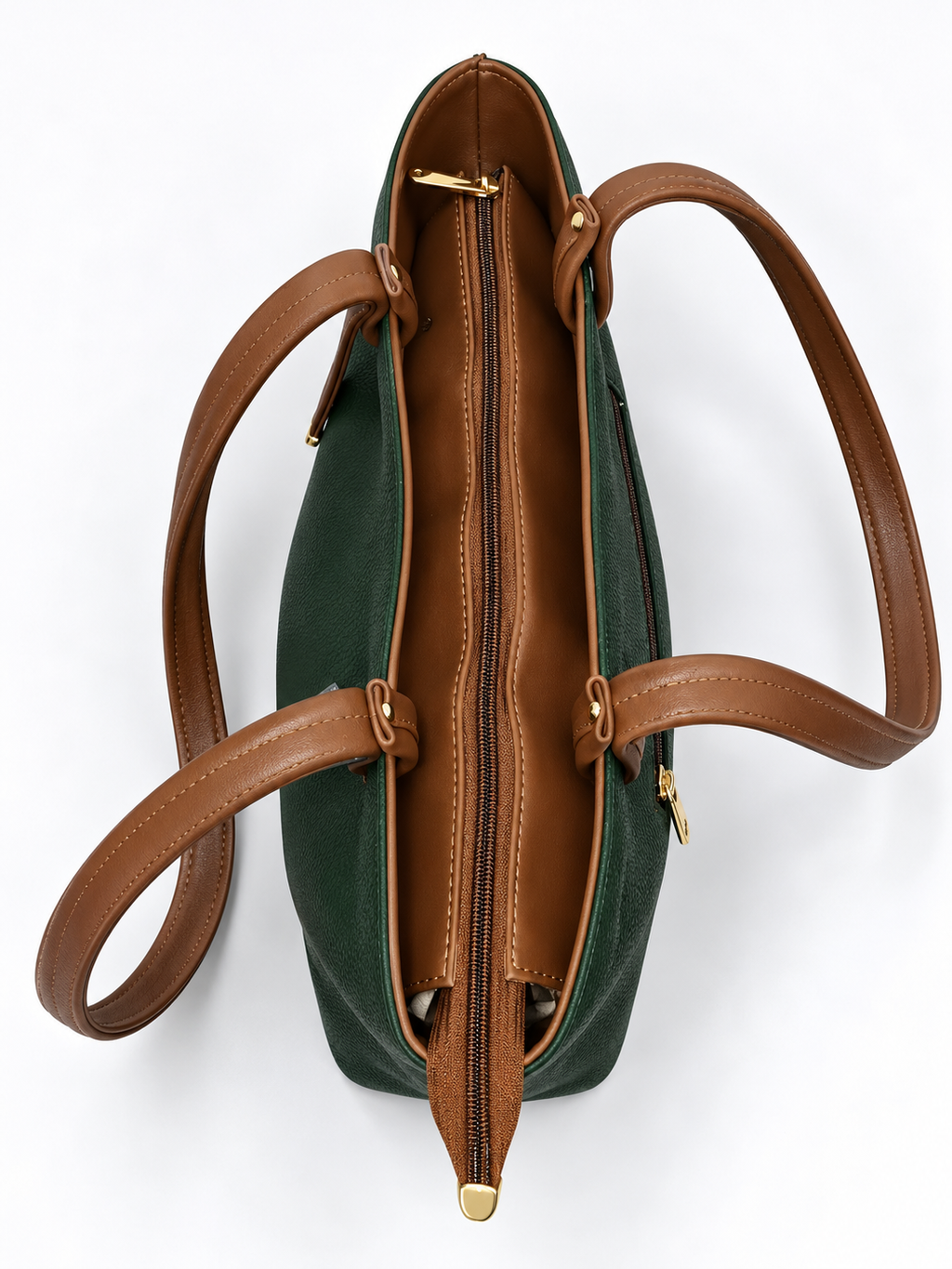 Modern Hola Shoulder Bag overhead view in forest green showing brown zipper closure, fixed shoulder handles and gold-tone hardware