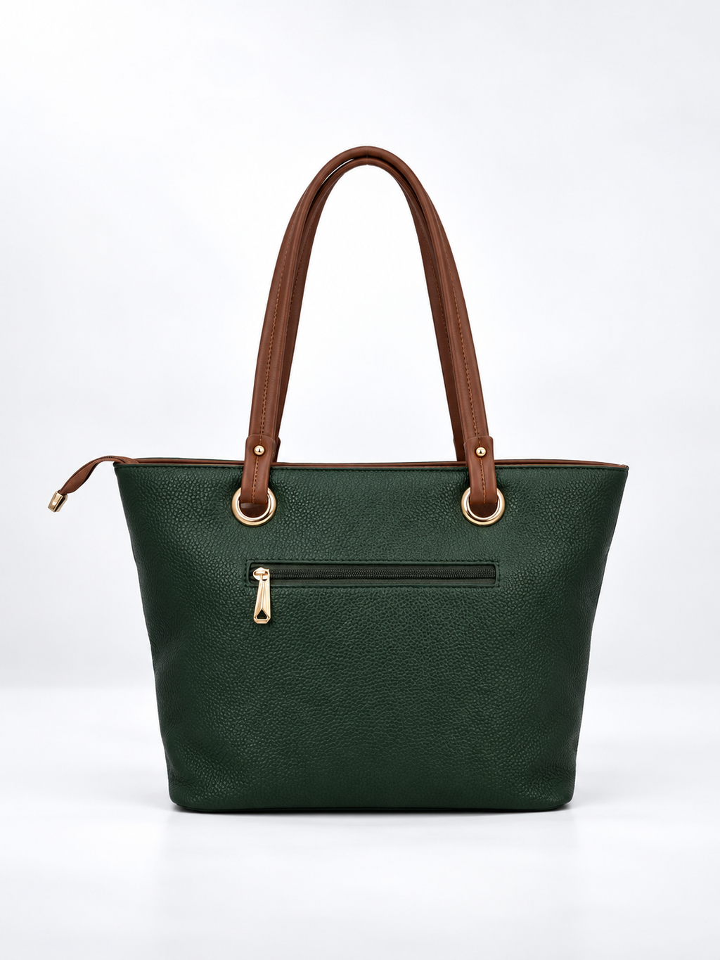 Modern Hola Shoulder Bag back view in forest green showing rear zipper pocket, brown fixed shoulder handles and gold-tone hardware