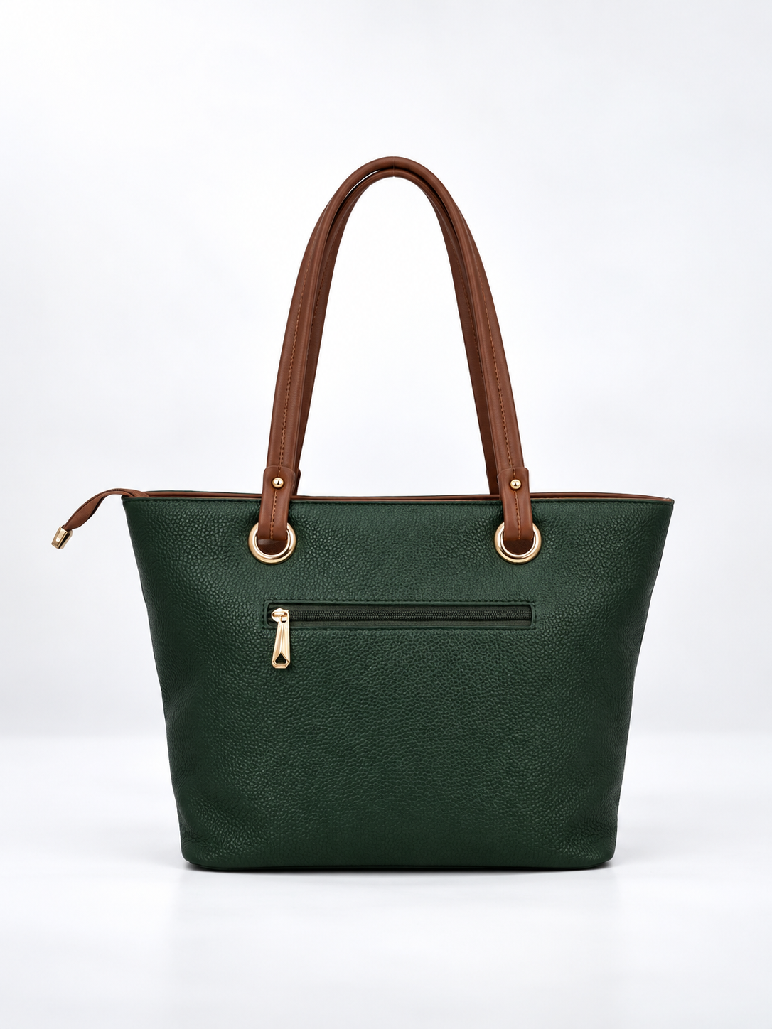 Modern Hola Shoulder Bag back view in forest green showing rear zipper pocket, brown fixed shoulder handles and gold-tone hardware
