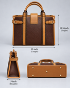 Modern Work Tote dimensions guide in red wine with tan handles, showing front, side and bottom views, height 15.5 inches, length 12 inches and breadth 5 inches