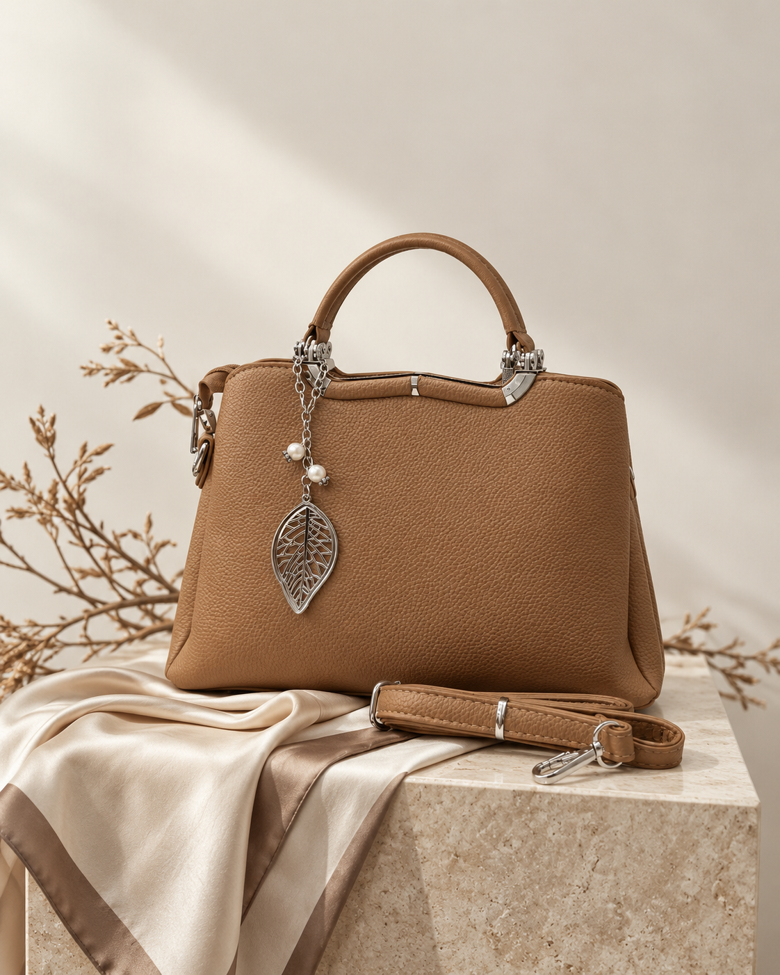 Gia Sling front view in beige with textured PU leather, silver-tone leaf charm, pearl accents and detachable shoulder strap on a luxury studio background