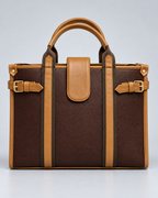 Modern Work Tote front view in red wine with tan handles, gold-tone buckles and structured design