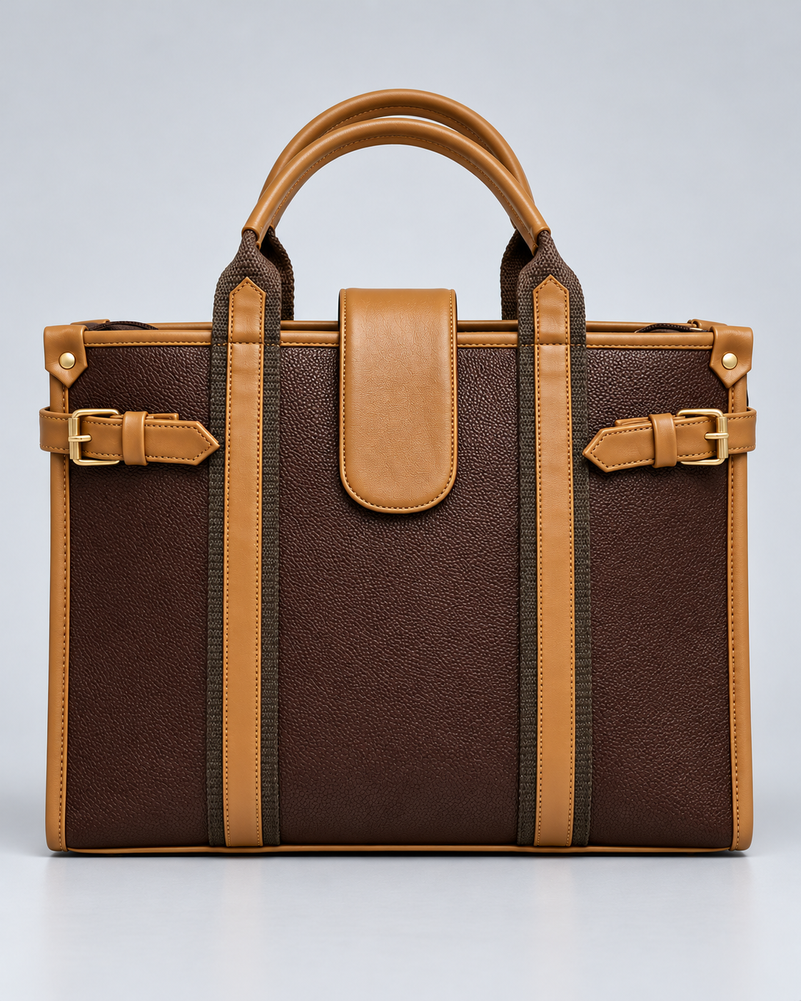 Modern Work Tote front view in red wine with tan handles, gold-tone buckles and structured design