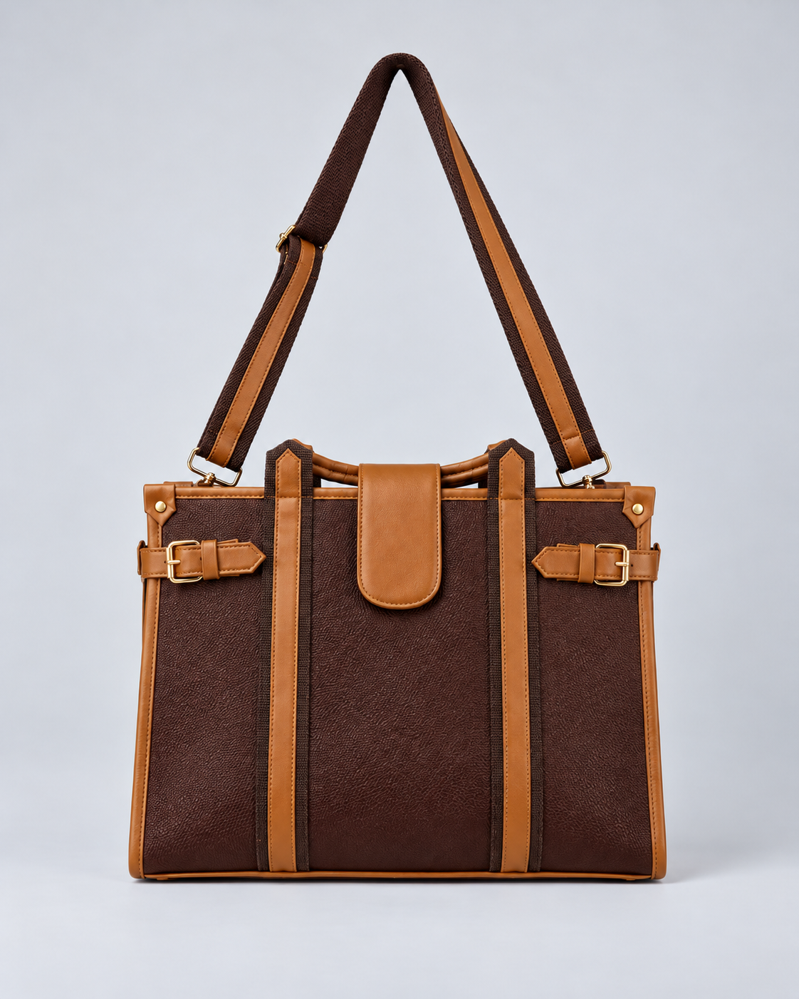 Modern Work Tote front view in red wine with tan leather trim, detachable shoulder strap, dual vertical straps and gold-tone buckle hardware