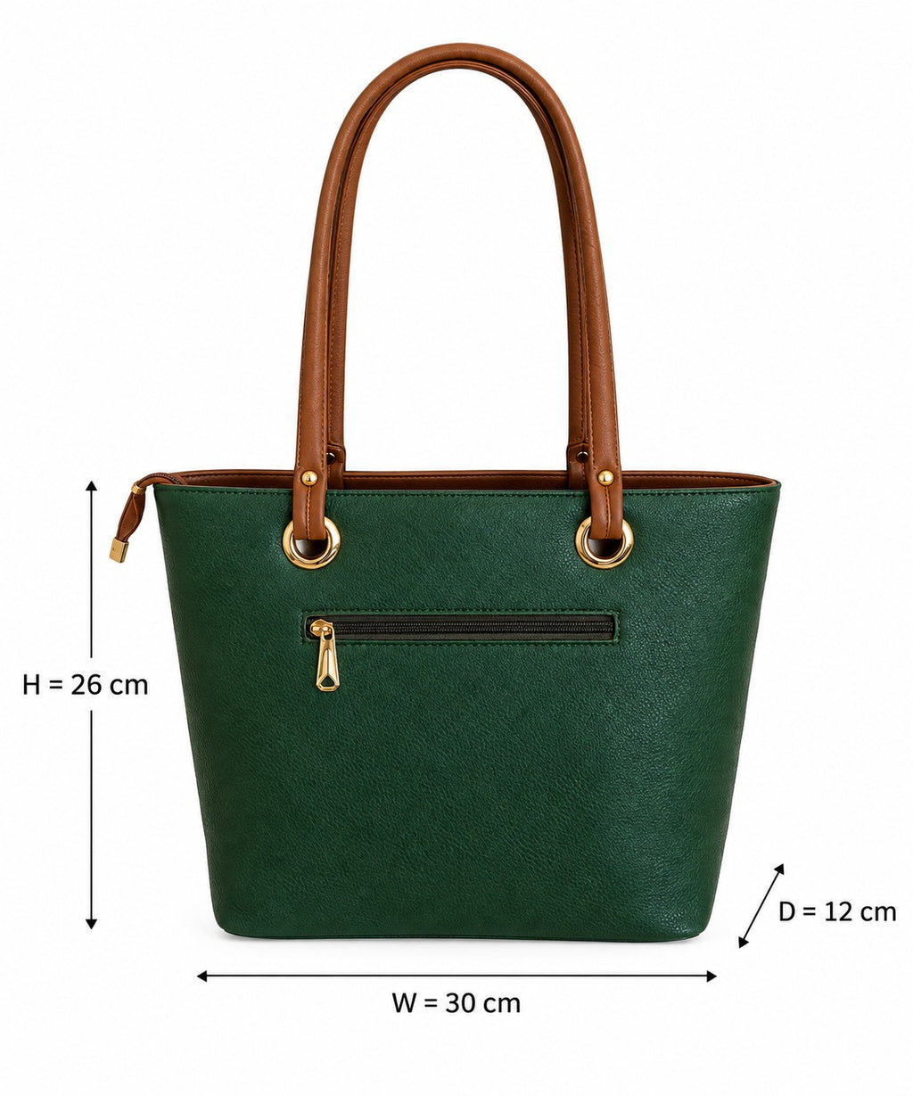 Modern Hola Shoulder Bag back view in forest green with dimensions 30 cm width, 26 cm height and 12 cm depth, showing rear zipper pocket and brown handles