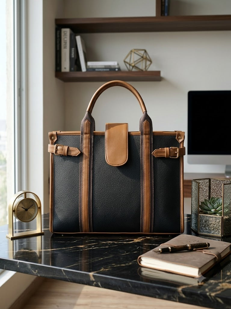 Modern Work Tote front view in black with tan leather handles, gold-tone buckle details and structured design on a luxury office desk