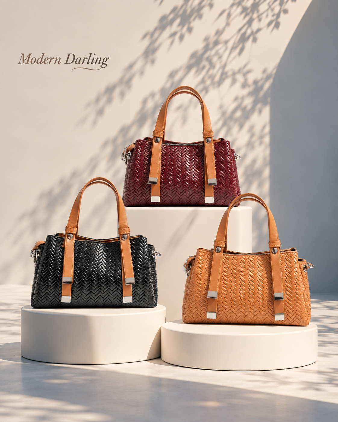 Three woven sling bags in red, black and tan with tan handles