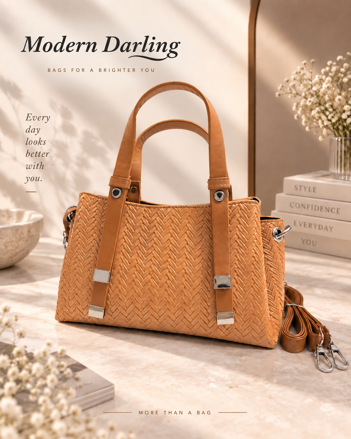 Modern Braid sling bag front view in beige